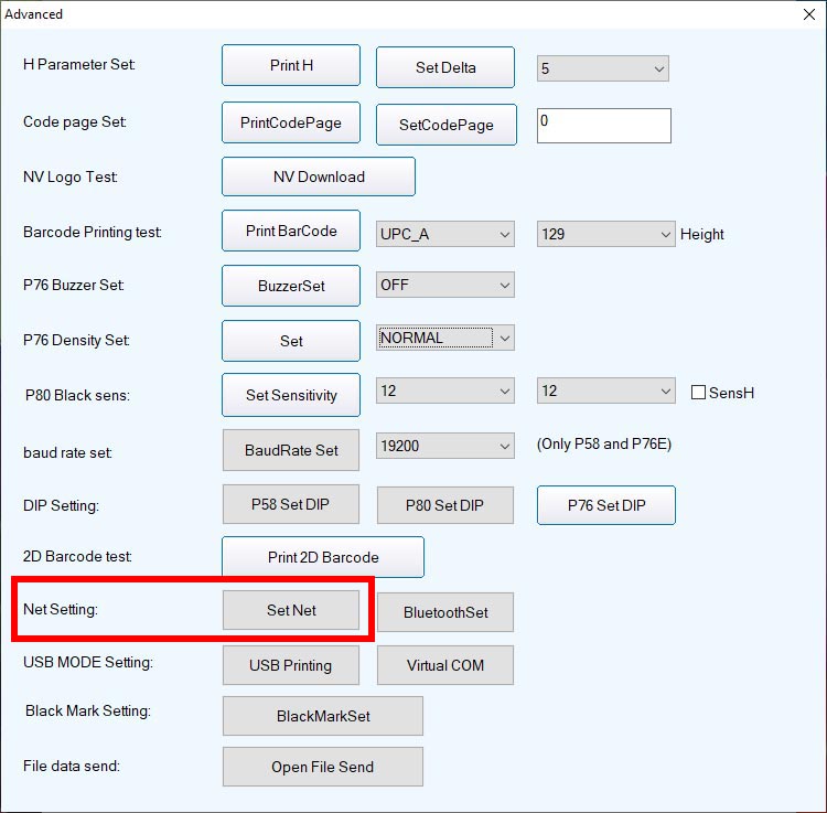 Cửa sổ Advance của Công cụ cài đặt máy in hóa đơn