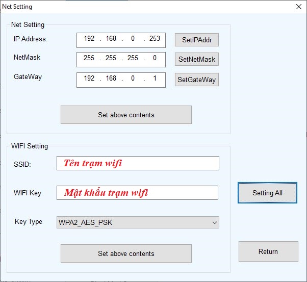 Cửa sổ Net Setting của Công cụ cài đặt máy in hóa đơn