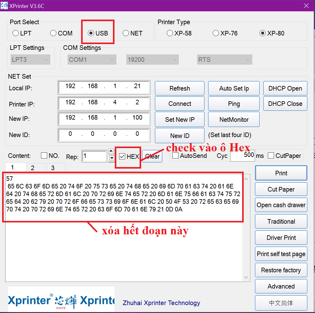 Bấm check ô Hex và xóa mã cũ