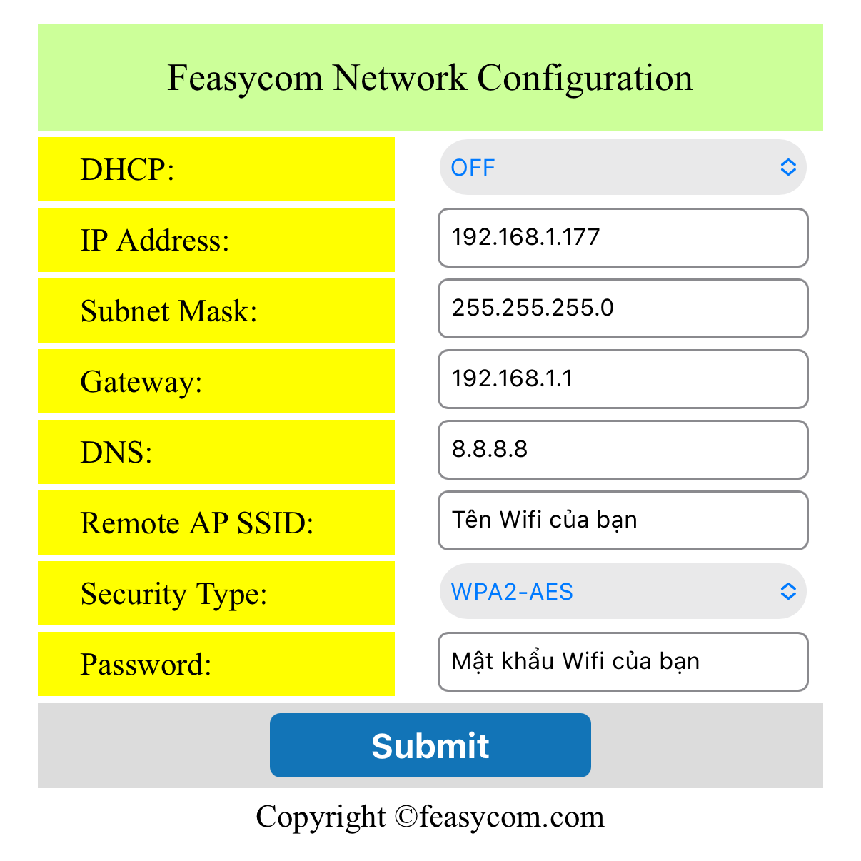 Trang Feasycom Network Configuration