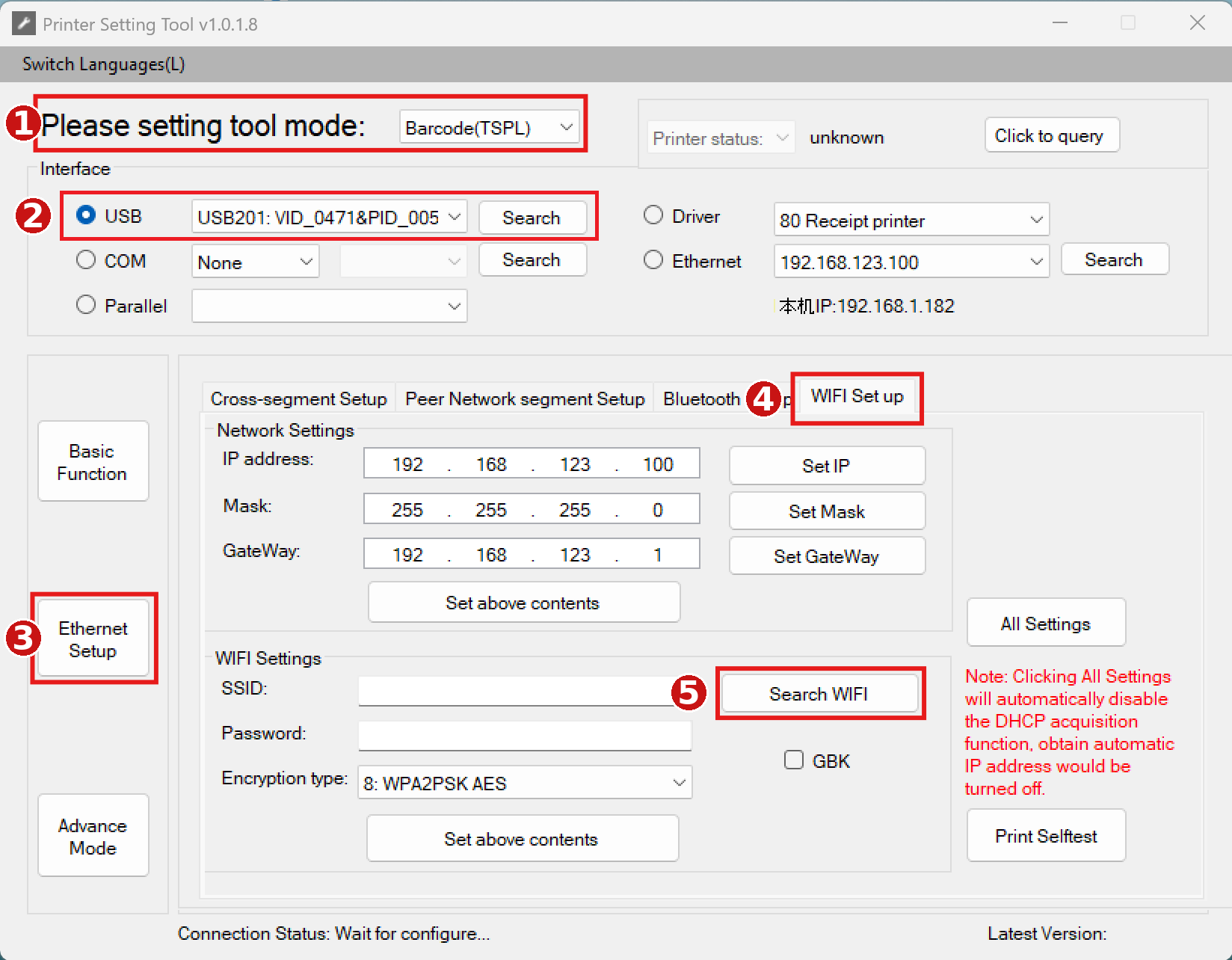 Chọn mode Barcode, USB, Ethernet Setup, WIFI Set up, Search WIFI