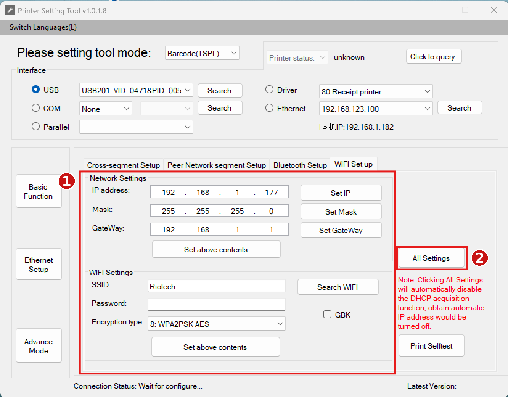 Nhập IP, Mask, Gateway, Password WiFi rồi bấm All Settings