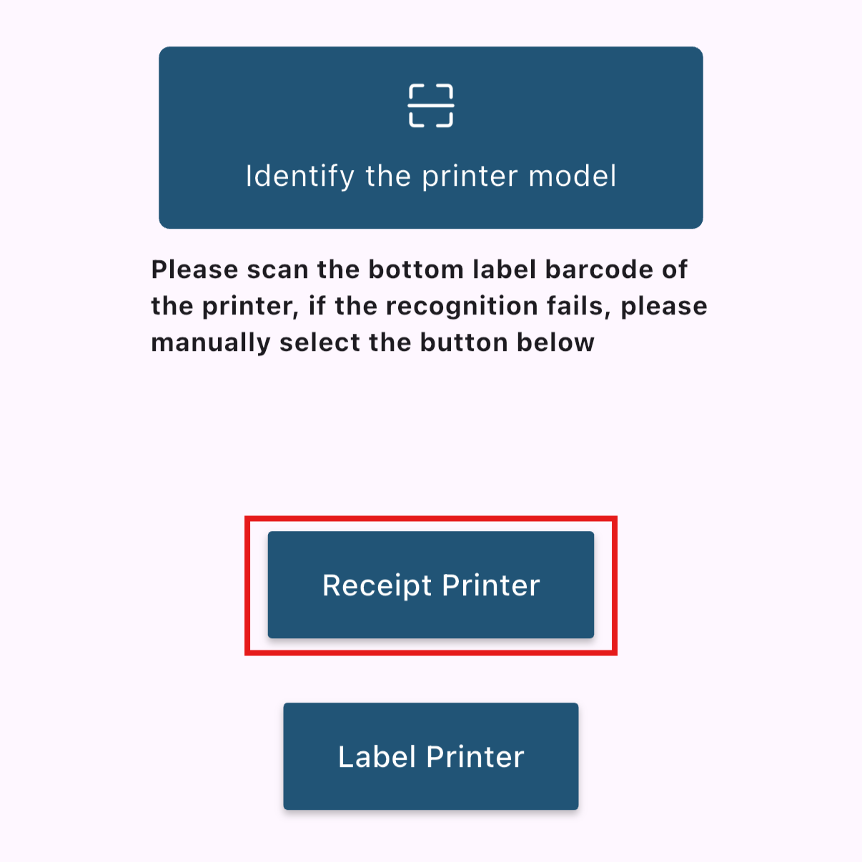 Chọn Receipt Printer trong app Xtest