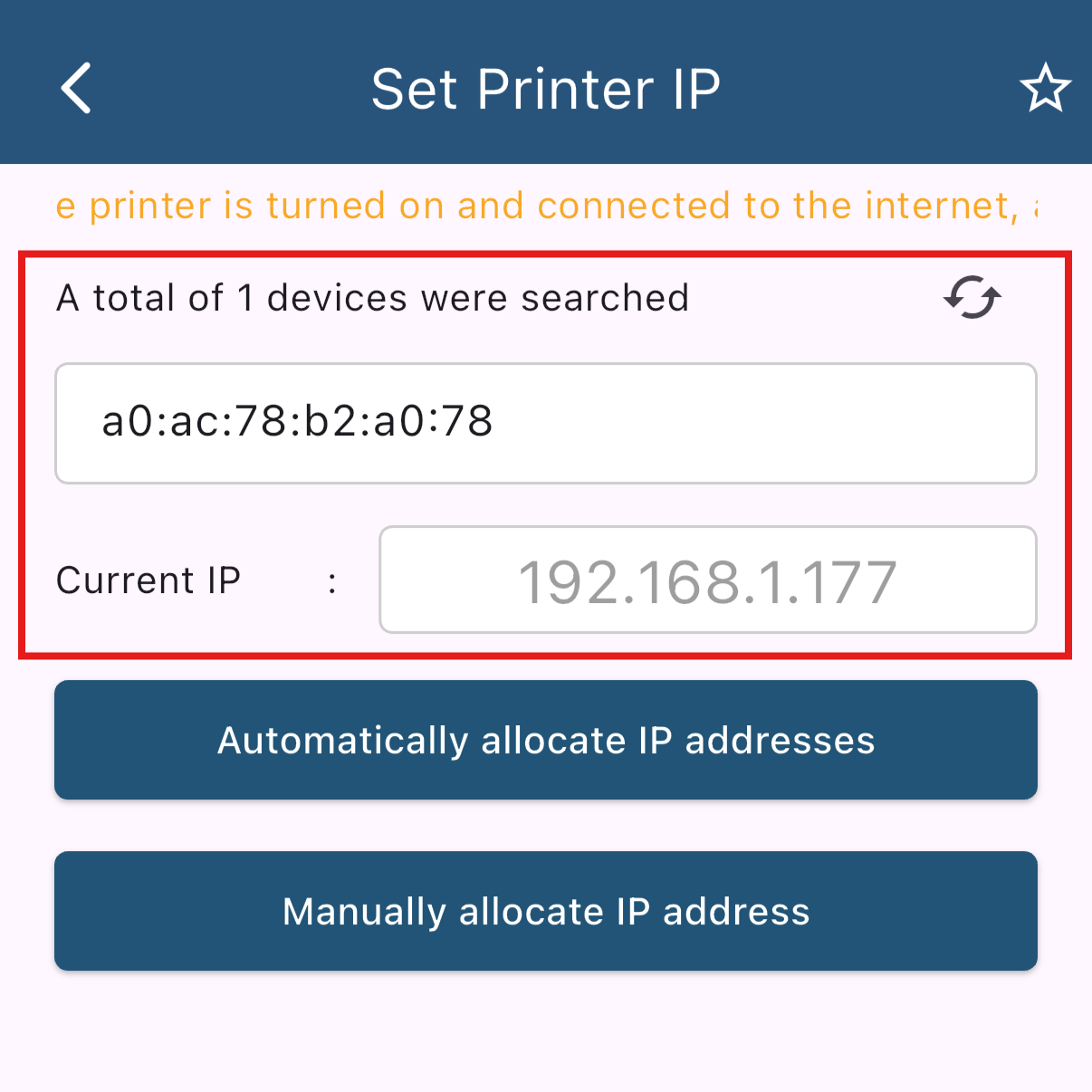 Kết quả quét: Current IP của máy in đã kết nối thành công